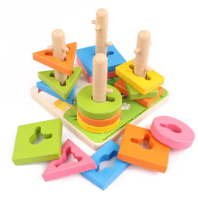 Four Sets of Column Building Blocks Puzzle, Wooden Toy